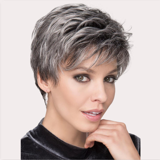 Gray White Side Bangs Partial Fiber Piece Wig Short Curly Hair