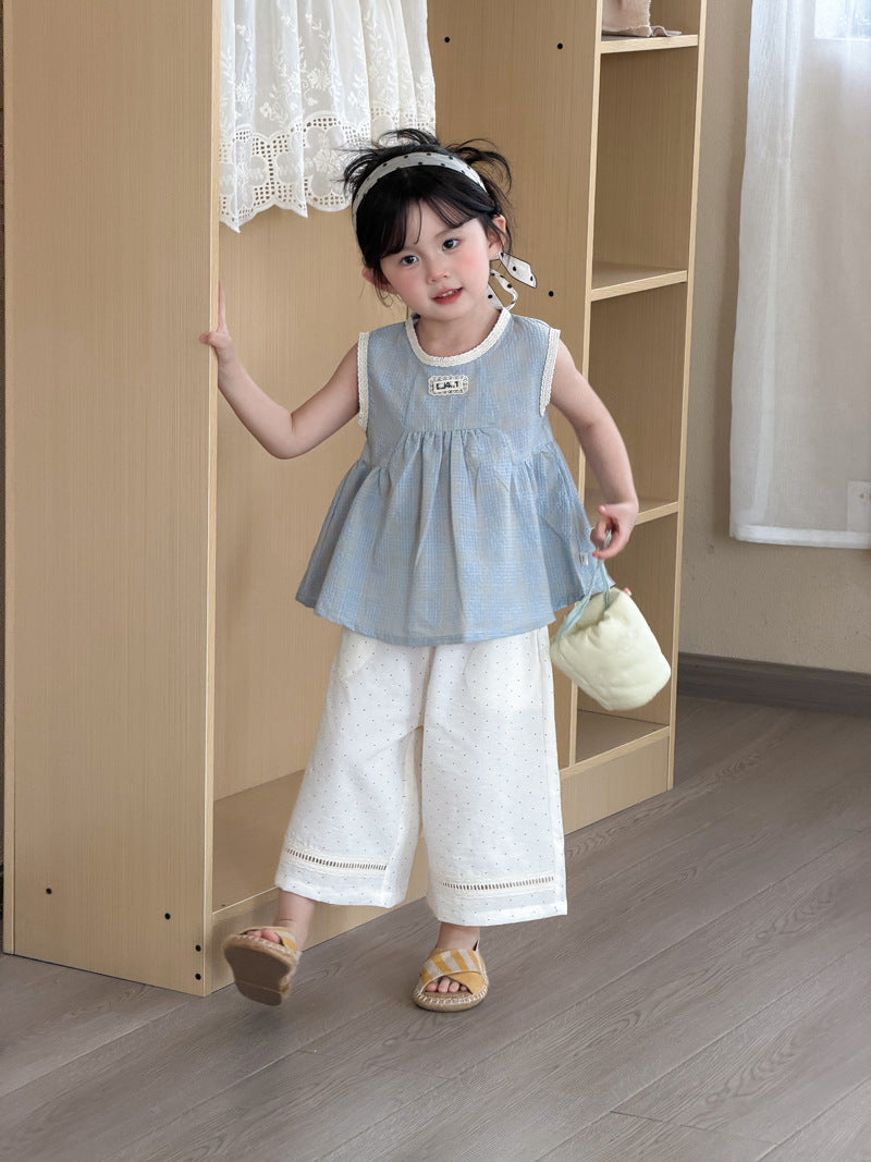 Women's Style Polka Dot Stitching Lace Cropped Straight Summer Loose Western Children's Pants