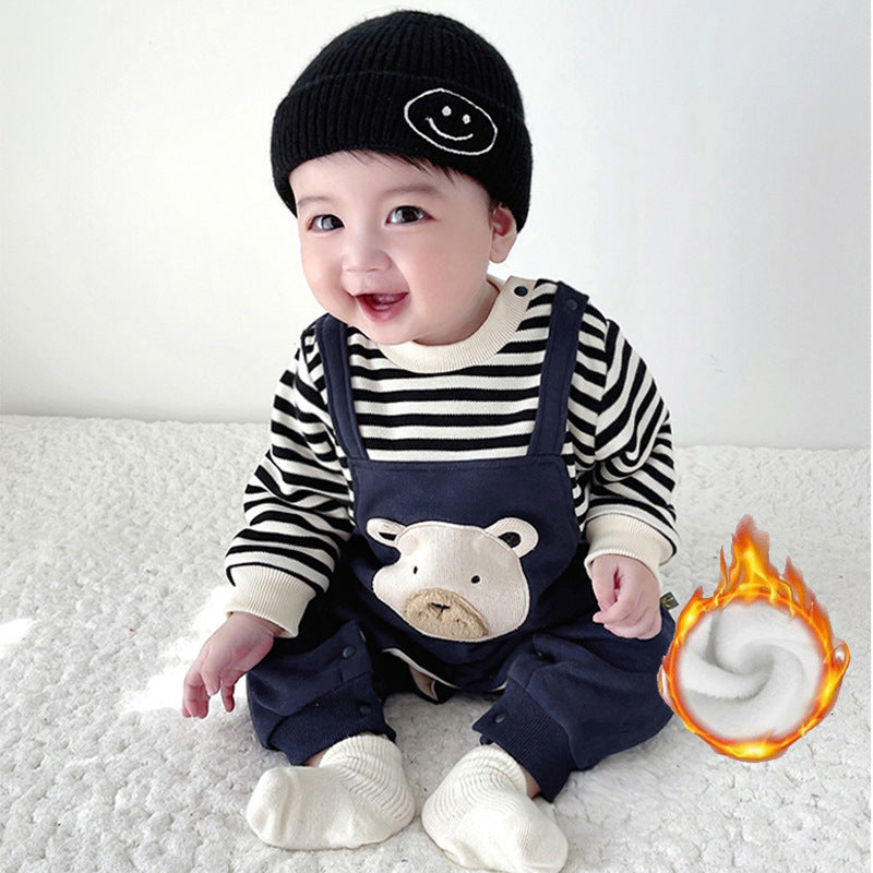 Striped Embroidered Bear Fleece-lined Jumpsuit Class Born Rompers Jumpsuit, Climbing Suit