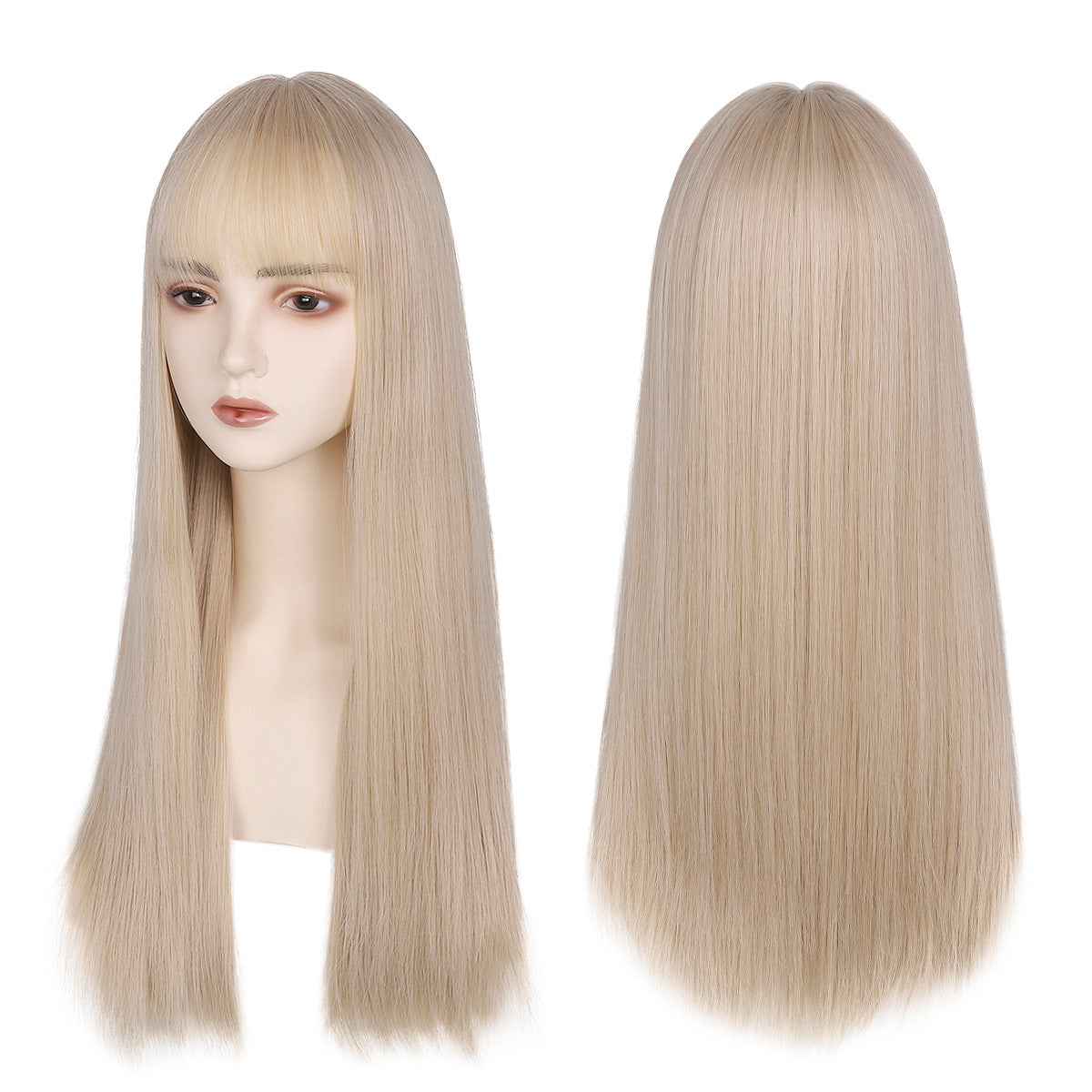 Women's Fashion Team Style White Gold Color Female Full Head Bangs Long Straight Wig