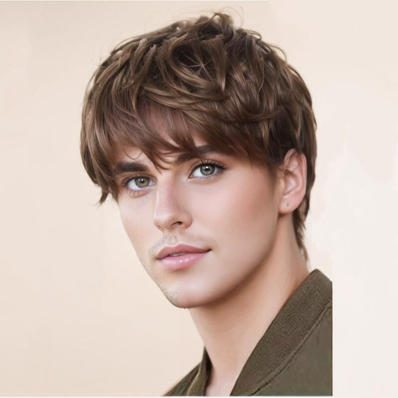 Men's Hair Brown Fluffy Black Curly Side Bangs Men's Wig