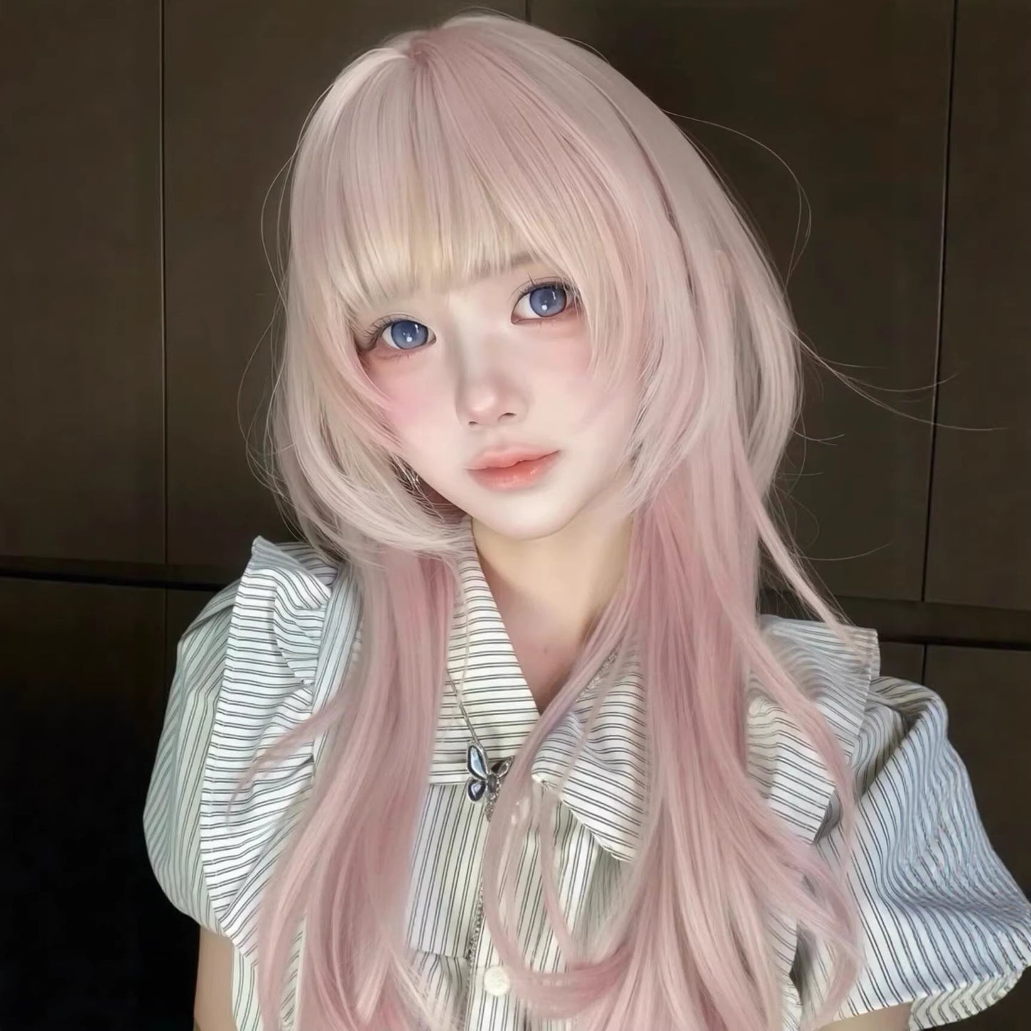 Gradient High Level Straight Bangs Jellyfish Head Full Wig Long Curls