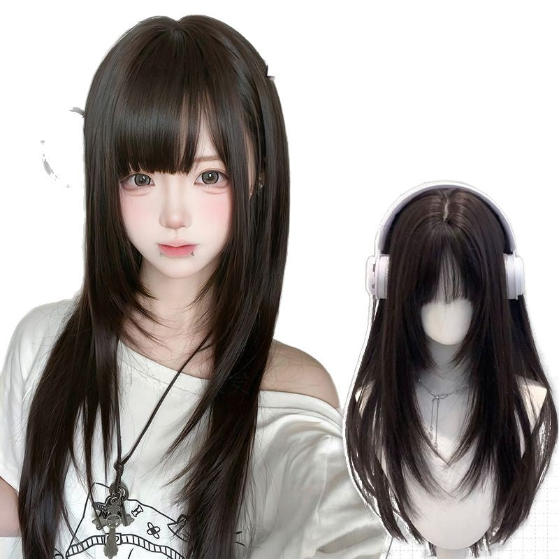 Female Air Bangs Curly Hair Highlights Daily Long Straight Wig