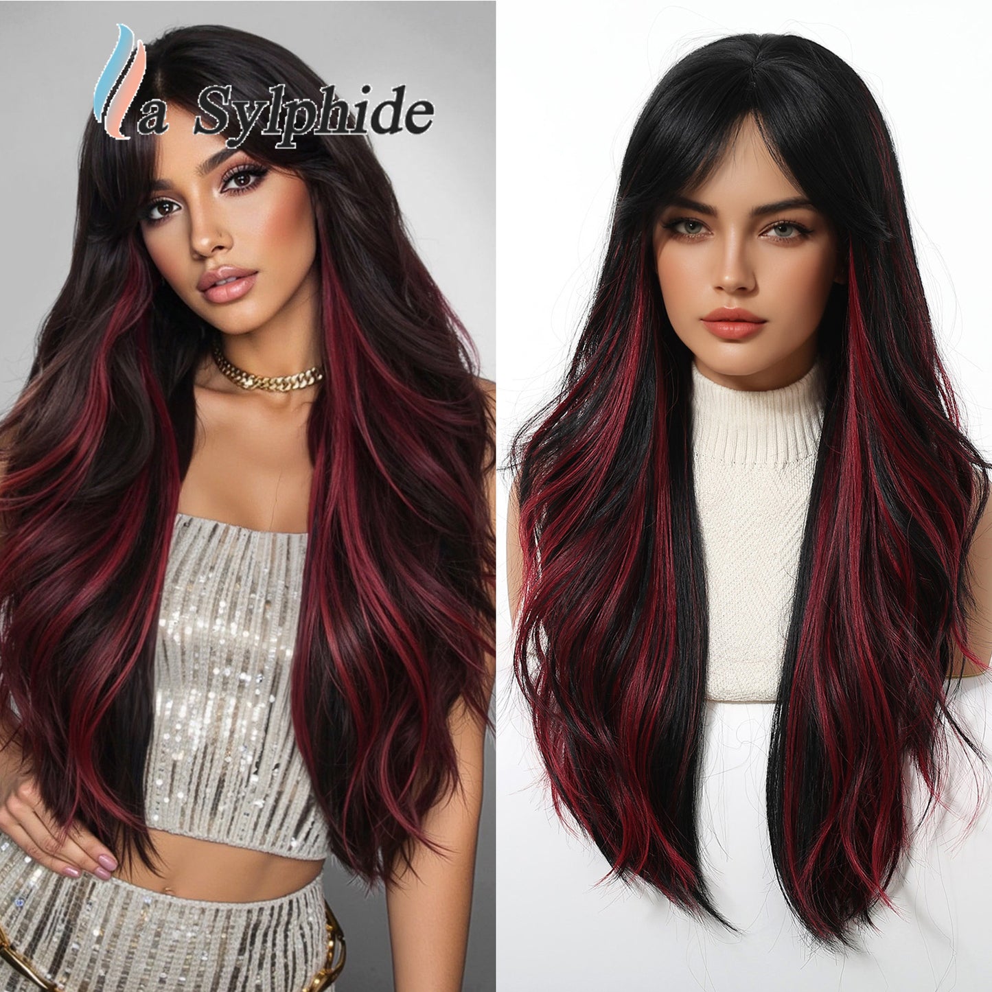 Wine Red Gradient Bangs Fiber Curly Hair Halloween Wig Long Curls