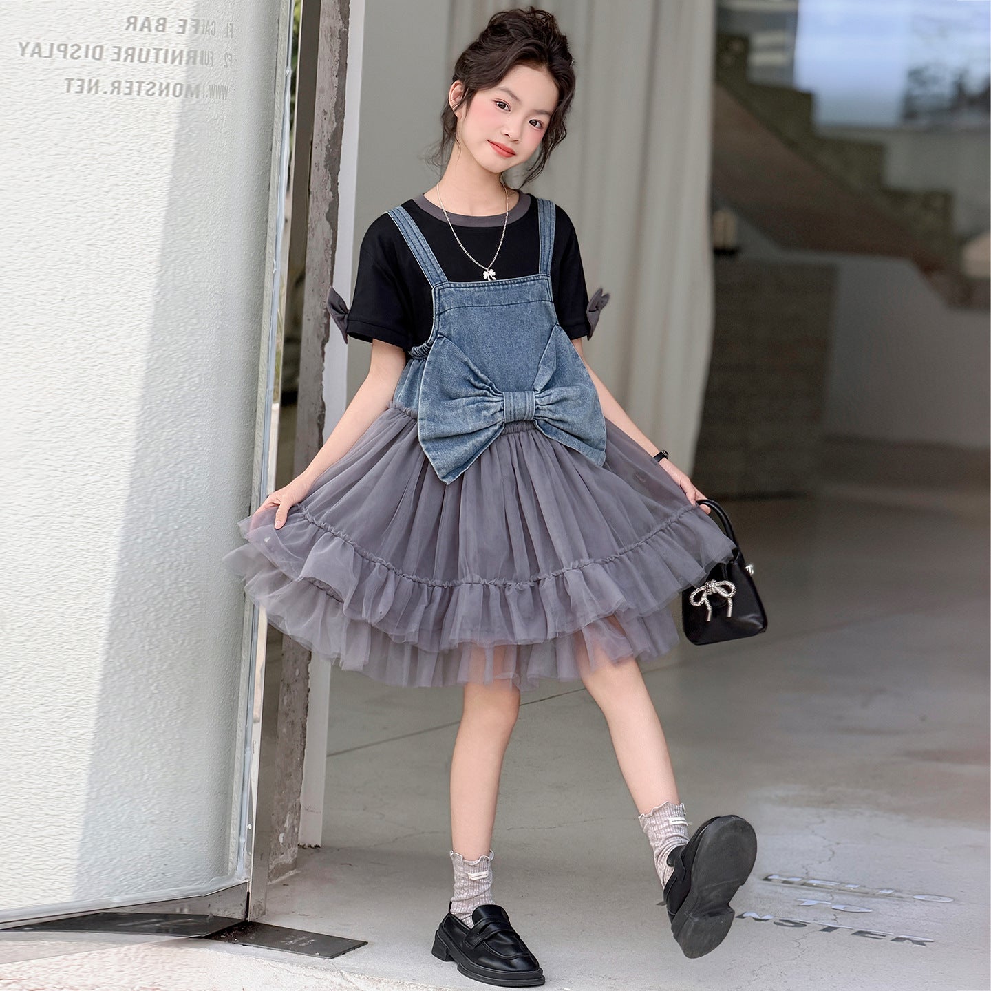 Sweet Denim Brace Yarn Skirt Short Sleeve Mesh Children's Suit