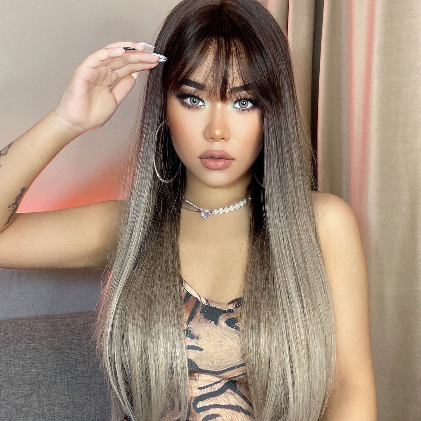 Bangs Gradient Gray Hair Chemical Fiber Head Long Straight Wig