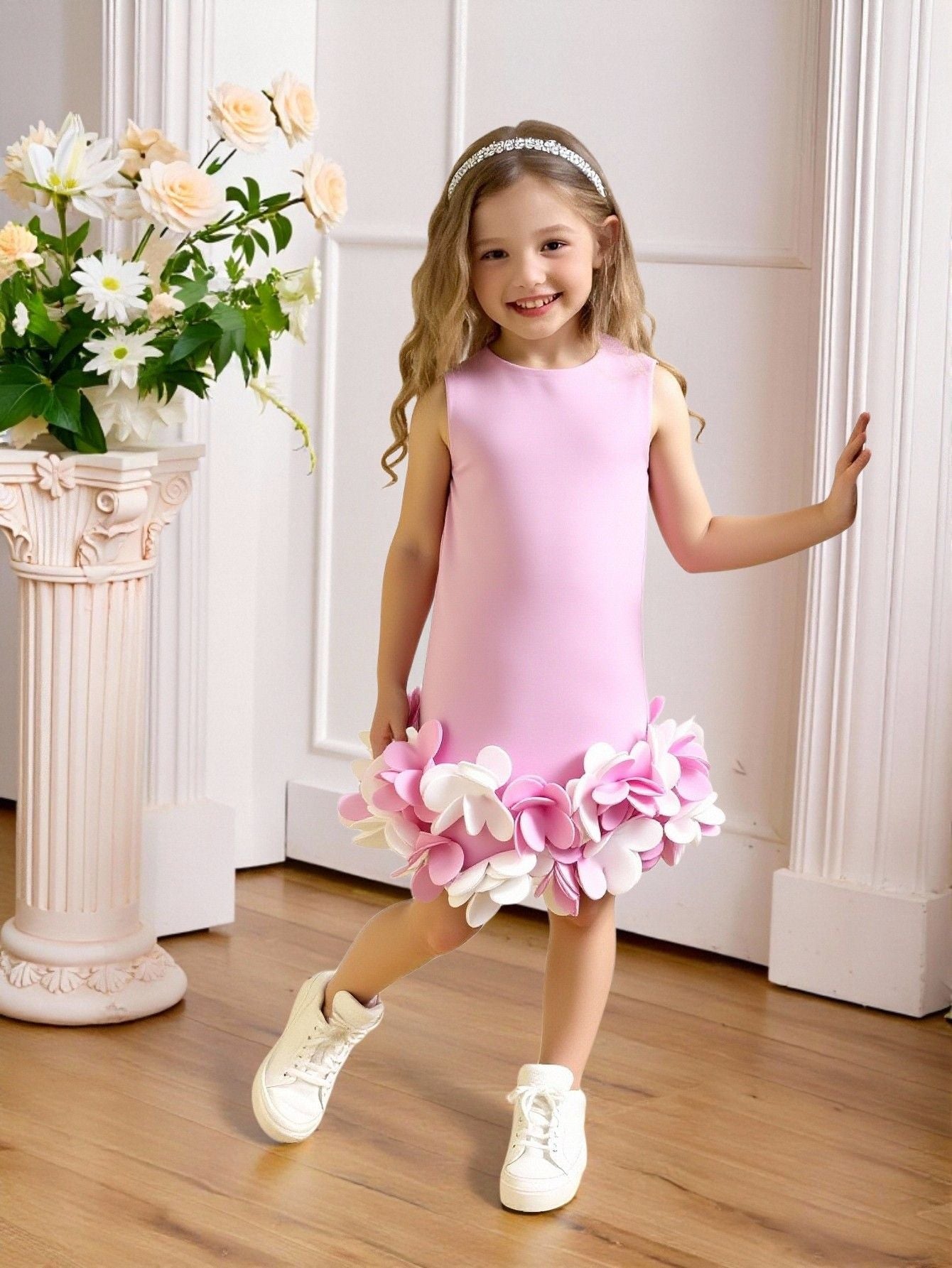Solid Color Princess Summer Three-dimensional Flower Costume For Children's Dress