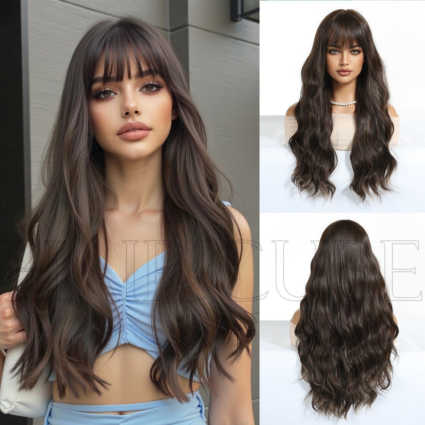 Gradient White Straight Bangs Big Wave Curly Hair Wig Long Curls