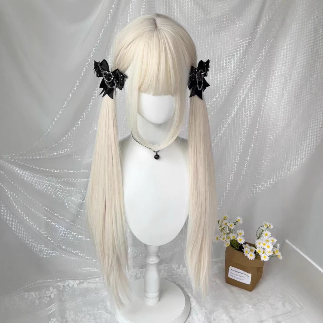 Female Milky White Golden Hair Double Ponytail Little Long Straight Wig