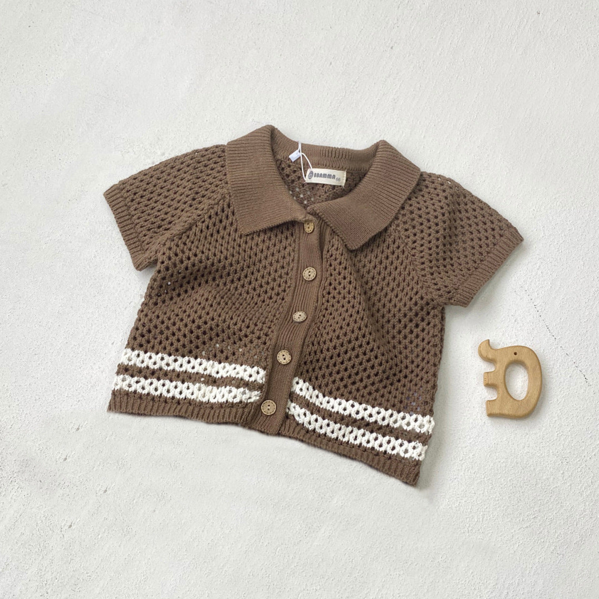 Summer Hollow Lapel Knitted Crocheted Sweater Cardigan Shorts Children's Suit