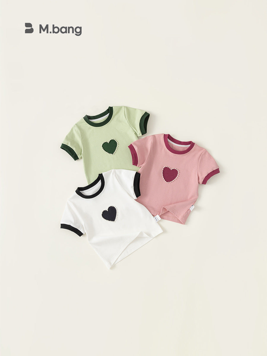 Children's Clothing Sweet Loving Heart Beaded Short-sleeved Children's T-shirt
