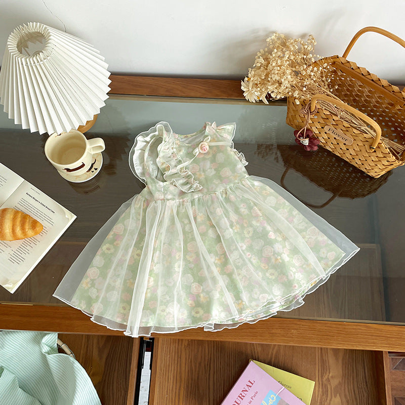 Children's Summer Floral Print With Green Background Children's Dress