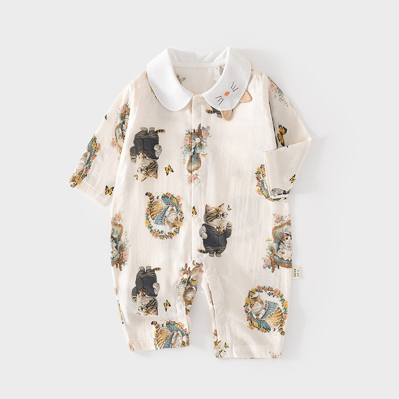 Gauze Jumpsuit Summer Long-sleeved White Collar Romper Air Conditioning Jumpsuit, Climbing Suit