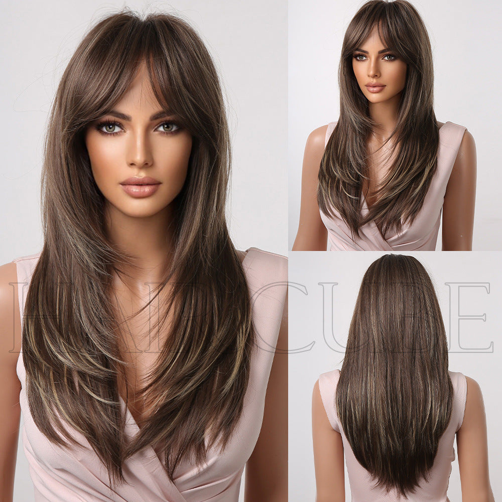 Women's Bangs High-level Gradient Golden Mechanism Long Straight Wig