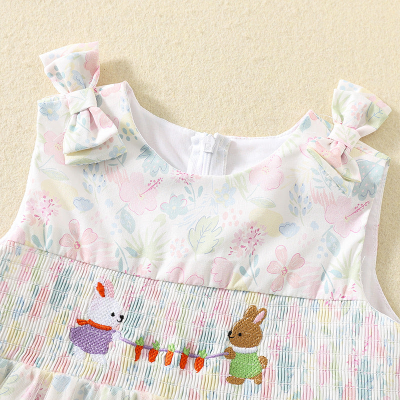 Summer Pink Smocking Princess Cute Bunny Embroidered Mesh Shirt Cotton Children's Dress