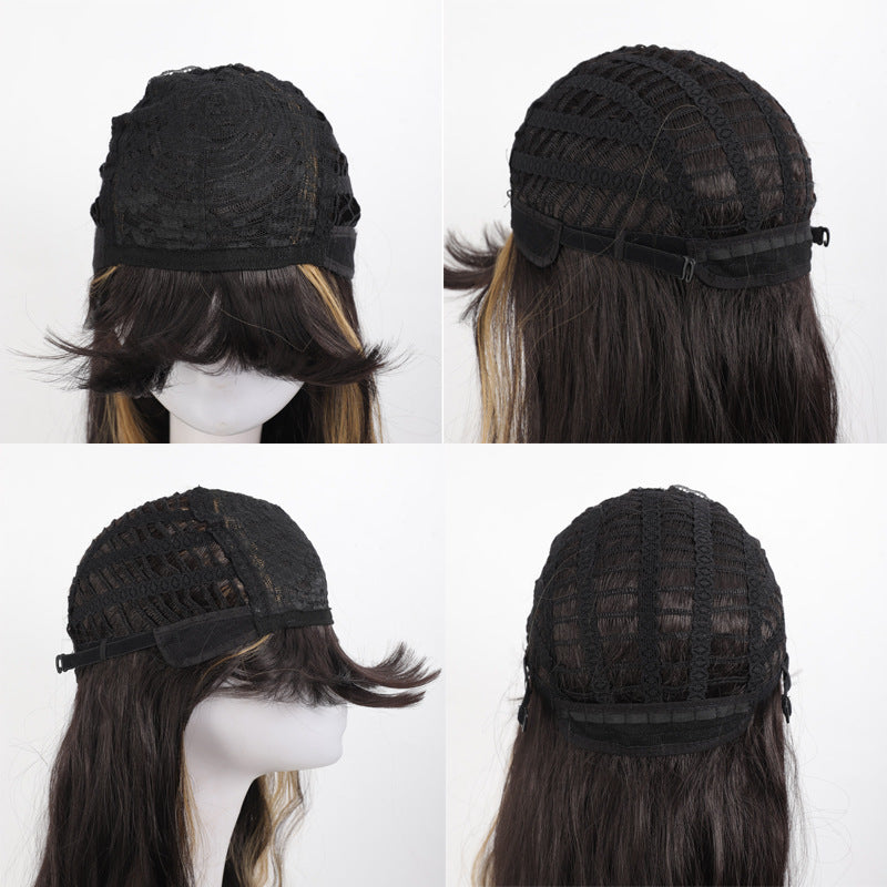 Natural Simulation Scalp Head Dyed Black Brown Hair Straight Bangs Wig Long Curls