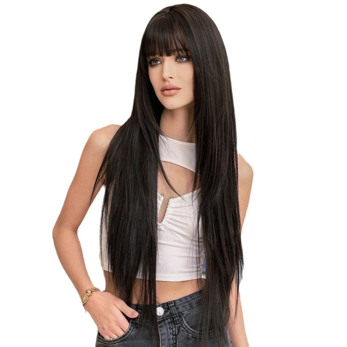 Black Full Top Bangs High Quality Chemical Long Straight Wig