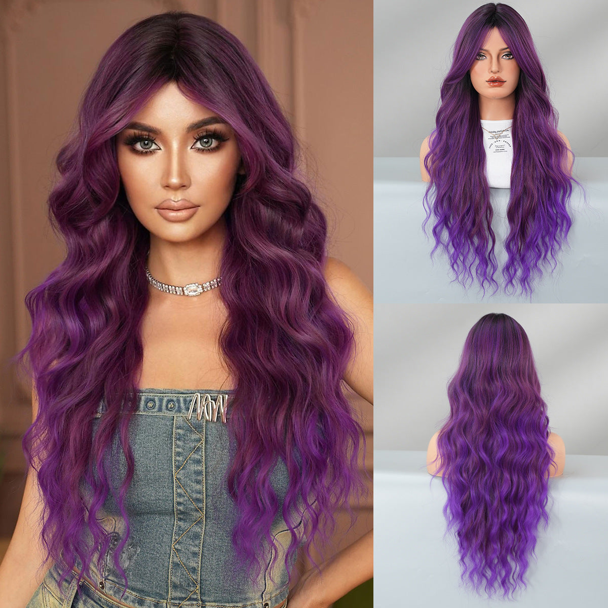 Purple Female Long Curly Hair Natural Fluffy Dark Wind Other Wig