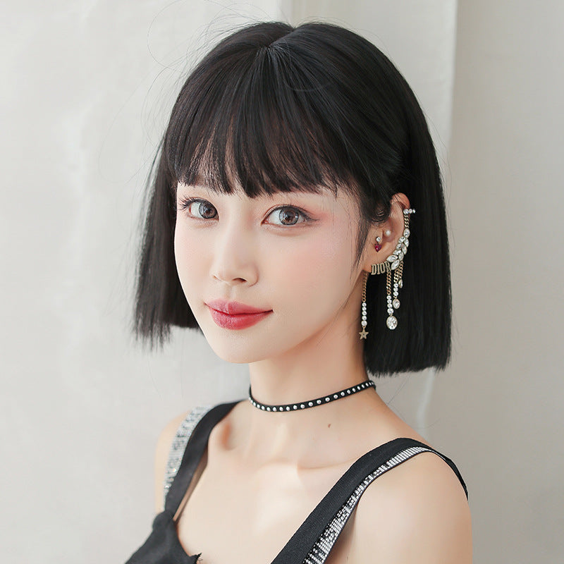 Women's Round Face Sheath Full Top Wig Short Straight Hair