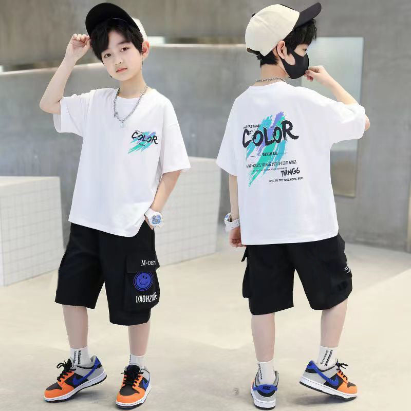 Men's & Children's Short-sleeved Summer Western Style Medium Big T-shirt Fifth Pants Children's Suit