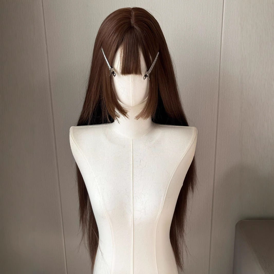 Green Tea Burnt Brown Soft Round Face Princess Cut Matte Long Straight Wig