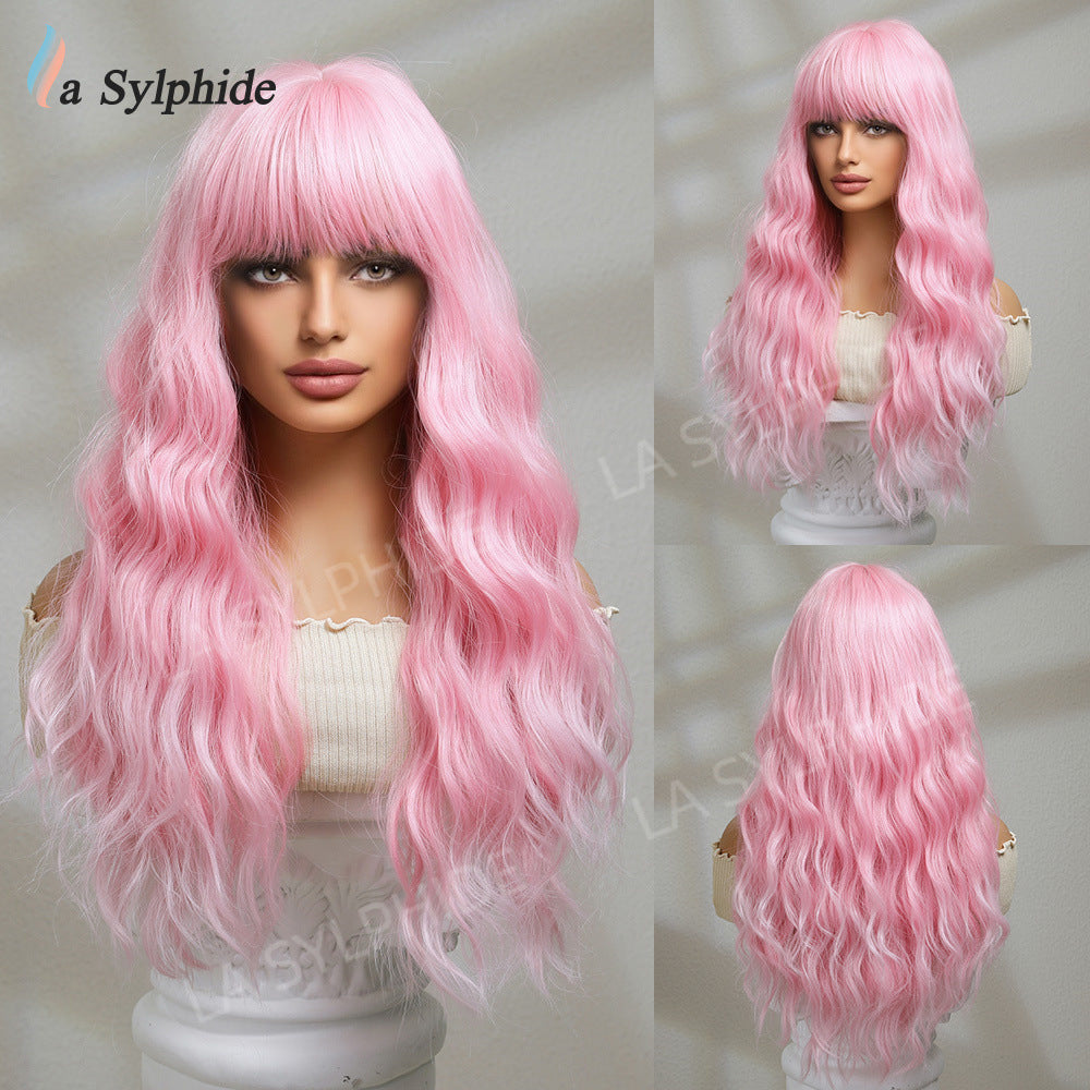 Female Bangs Pink White Gold Color Rose Wig Long Curls