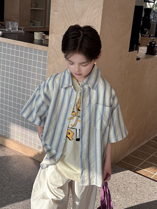 Children's Summer Cotton Short-sleeved Striped Korean Loose Woven Children's Shirt