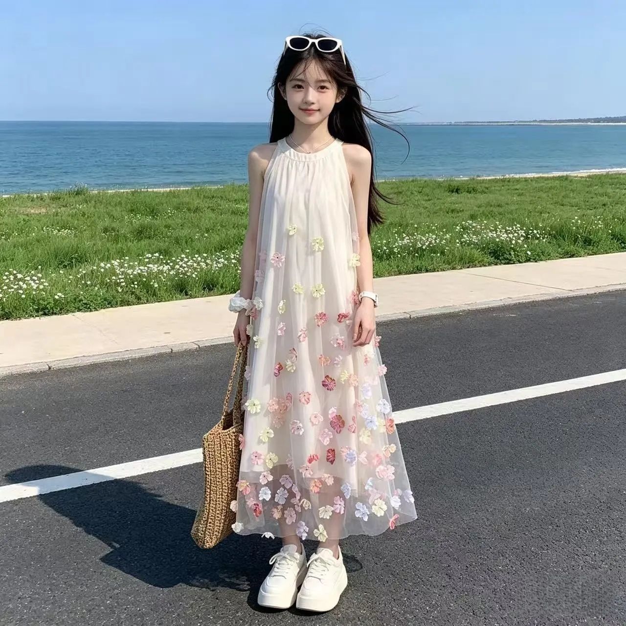 Women's Small Teen Sleeveless Halter Summer Beautiful Three-dimensional Children's Dress