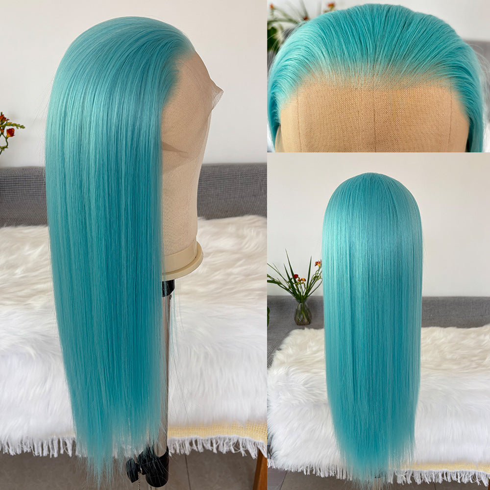 Chemical Fiber Blue Forehead Lace Head Long Straight Wig