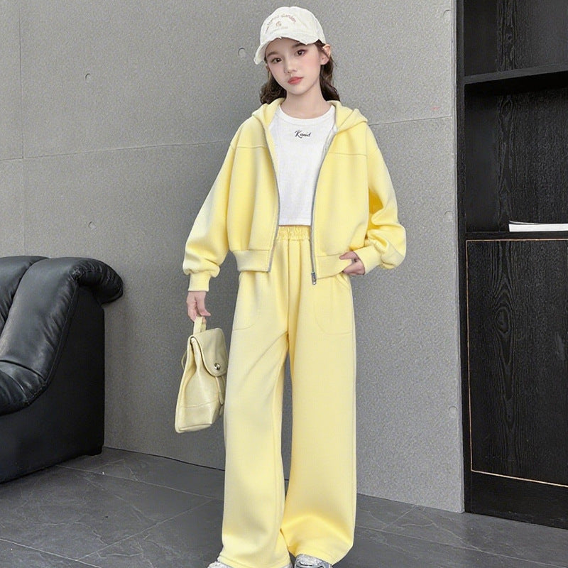 Large Hooded Zip Cardigan Sweater Straight Wide Leg Pants Children's Suit