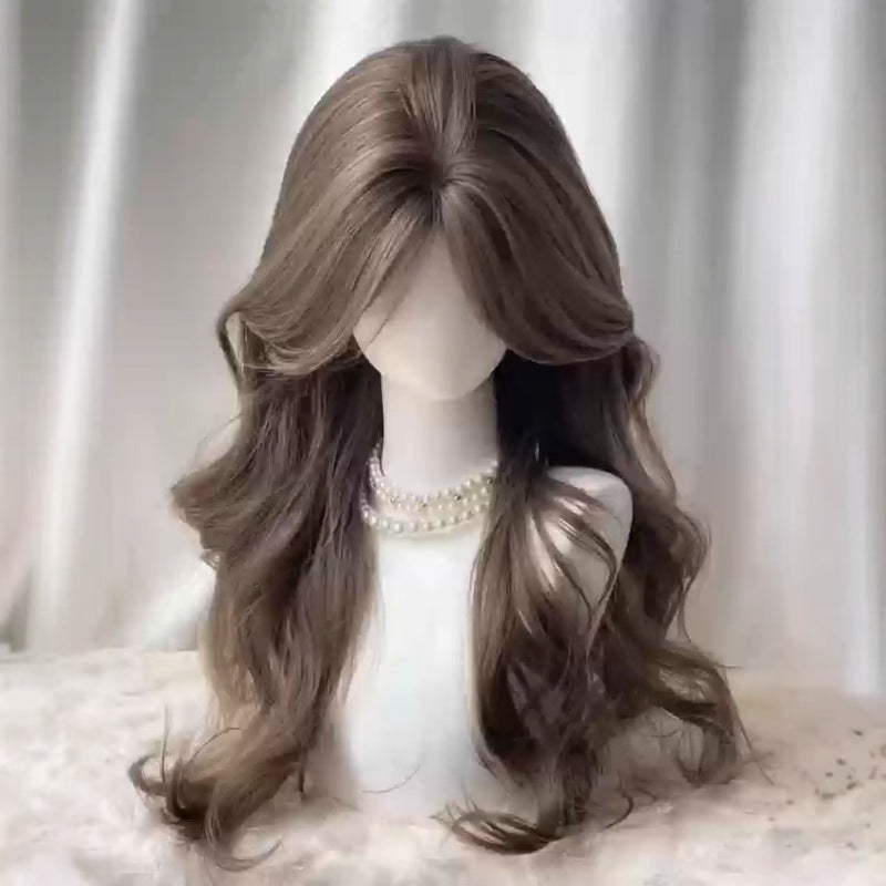 Female Mint Rice Brown Bangs Curly High Skull Top Supplementing Wig Long Curls