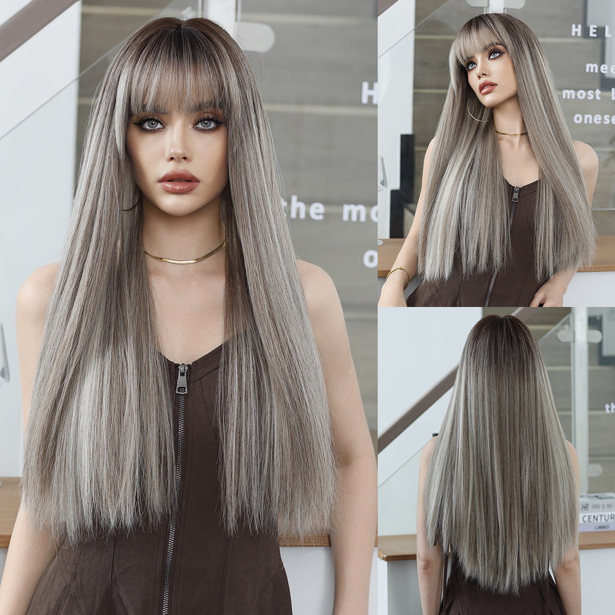 Women's Linen Brown Highlight Hair Fashion Chemical Long Straight Wig