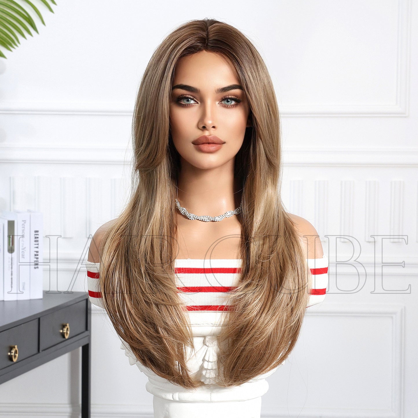 Synthetic Wigs Golden Brown Bangs Head Long Straight Wig