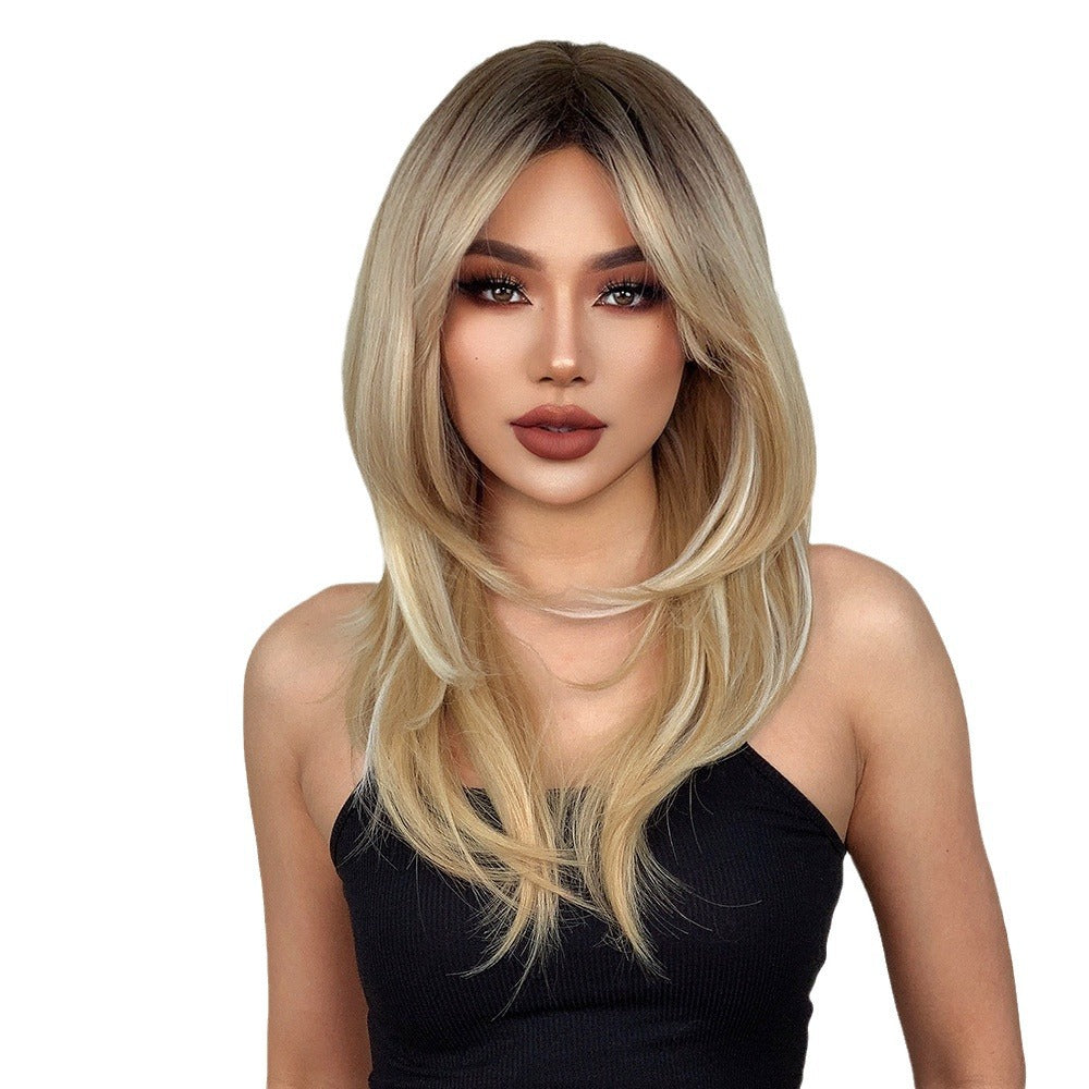 Women's Bangs High-level Gradient Golden Mechanism Long Straight Wig