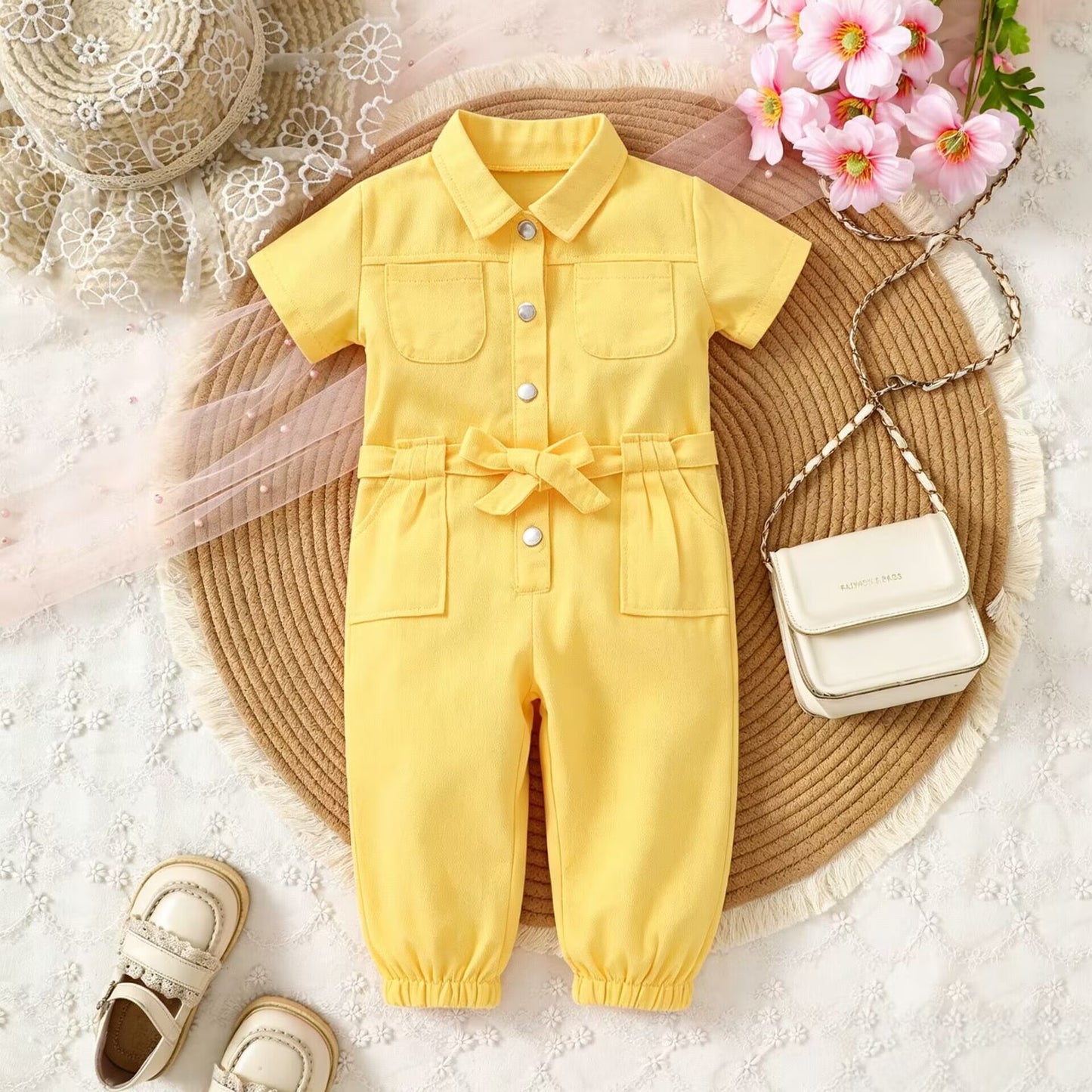 Children's Clothing Summer Young Little Lapel Pink Denim Jumpsuit Children's Pants