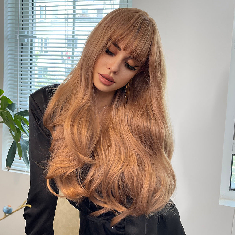 Women's Brown Wigs With Bangs Wave Synthetic Long Straight Wig