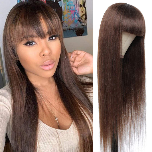 Head Cover Brown Straight Bangs Long Chemical Wig Short Curly Hair