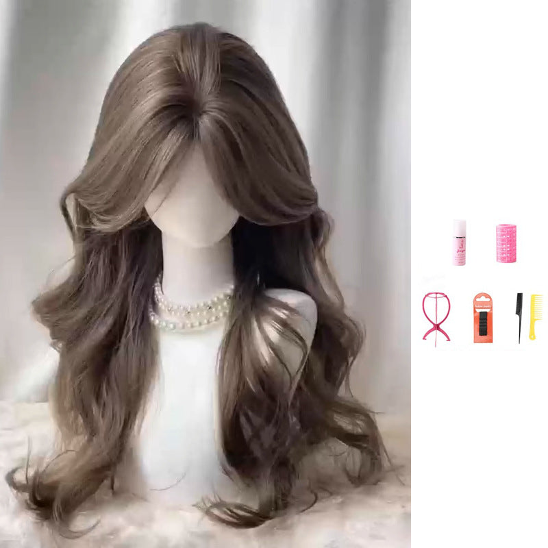 Female Mint Rice Brown Bangs Curly High Skull Top Supplementing Wig Long Curls