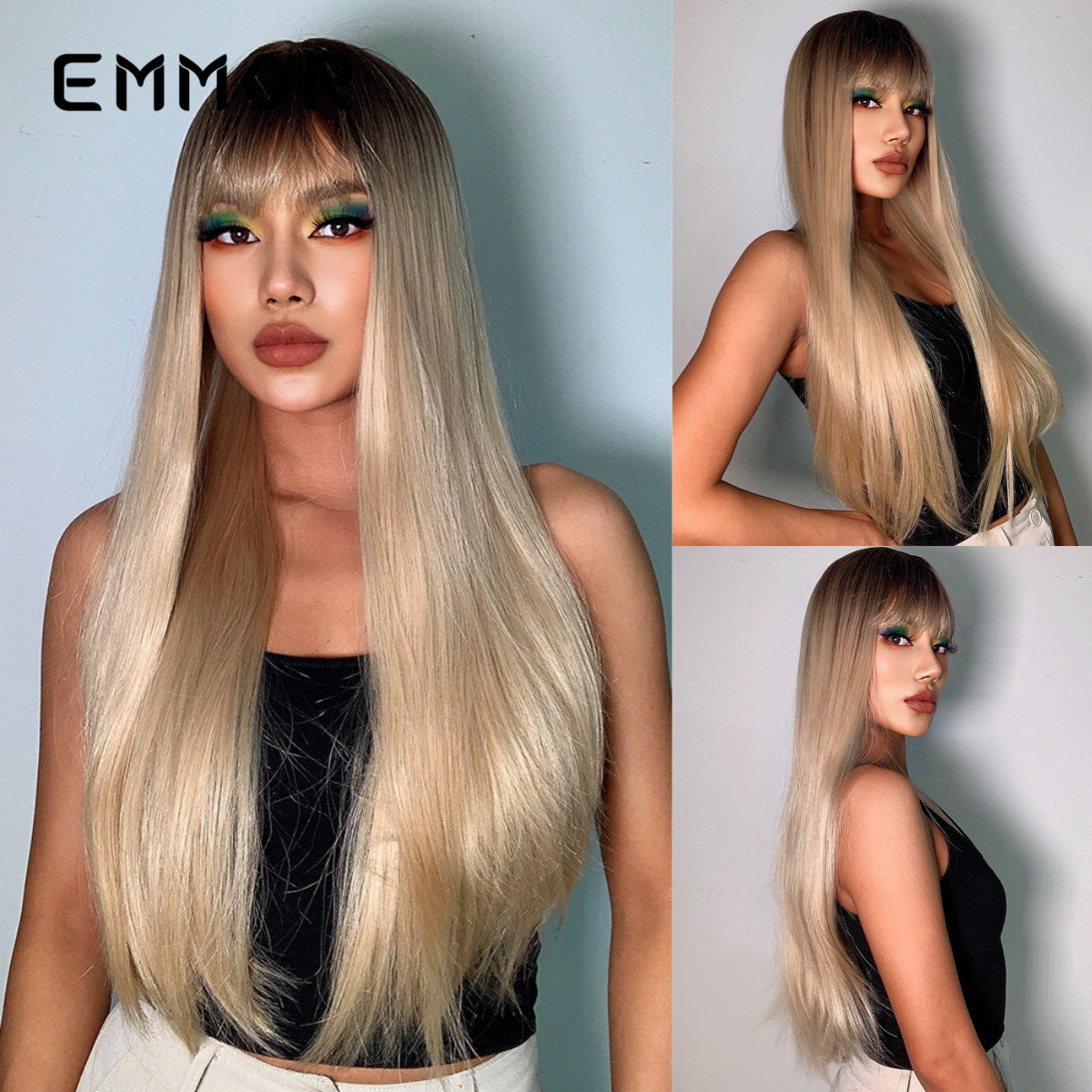 Bangs Black Hair Chemical Fiber Matte Long Straight Wig