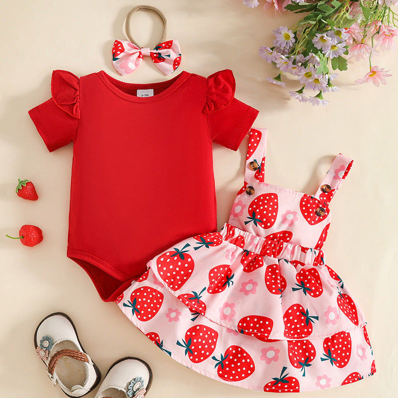 Sleeve Triangle Rompers With Strawberry Printed Suspender Dress Jumpsuit, Climbing Suit
