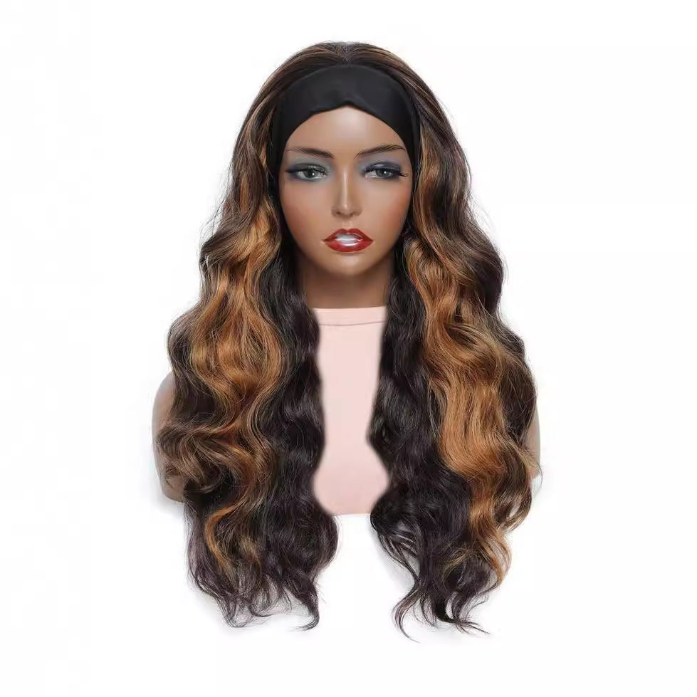 Women's Black Hair Band Curly Brown Mixed Wig Long Curls