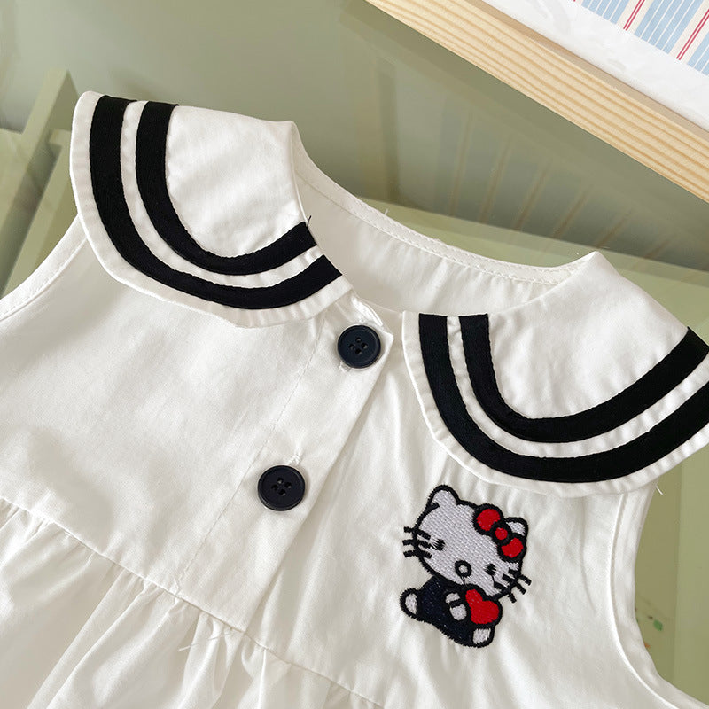 Summer Striped Lapel Cat Embroidered Preppy Children's Dress