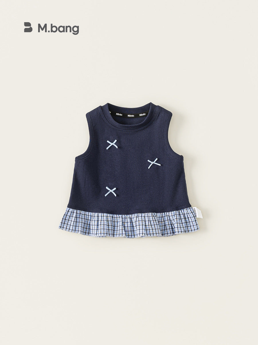 Children's Round Neck Korean Top Plaid Patchwork Clothes Bow Children's T-shirt