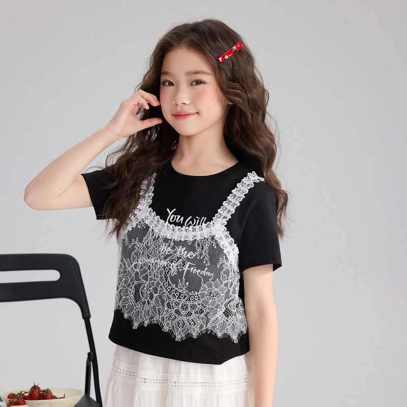 Children's Pudding Summer Fake Two-piece Lace Stitching Sweet Style Short Children's T-shirt