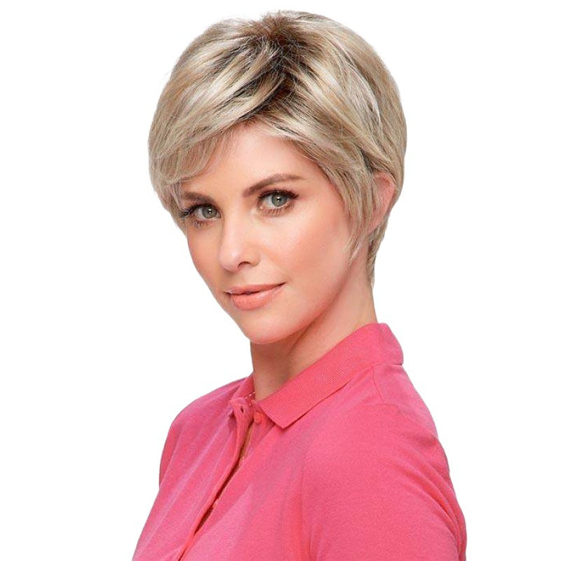 Classic Women's Side Bangs Gradient Golden Wig Short Straight Hair