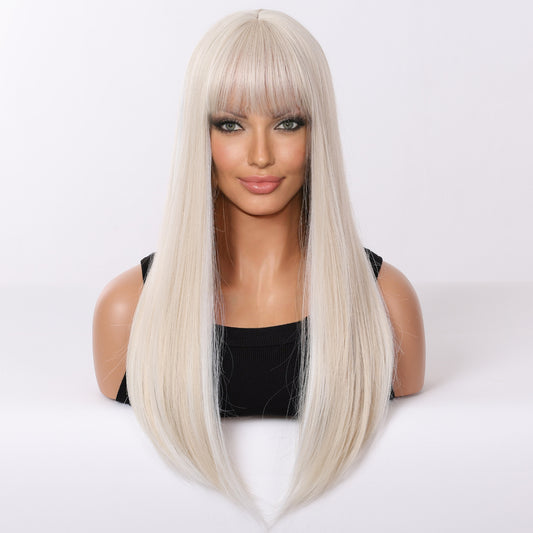 Women's Golden Color Hair Natural Air Bangs Long Straight Wig
