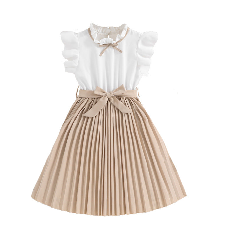 Children's Clothing Summer Style Flounced Sleeve Color Matching Pleated Children's Dress