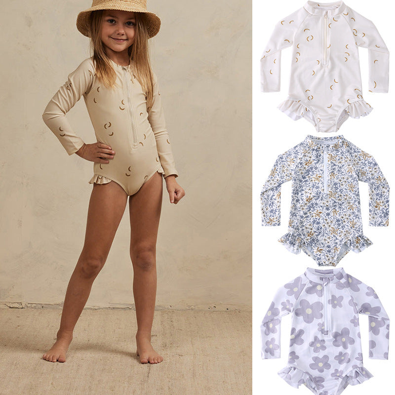 Children's Summer Swimsuit One-piece Long Sleeves Sun Protection Beach Vacation Jumpsuit, Climbing Suit
