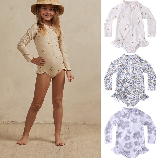 Children's Summer Swimsuit One-piece Long Sleeves Sun Protection Beach Vacation Jumpsuit, Climbing Suit