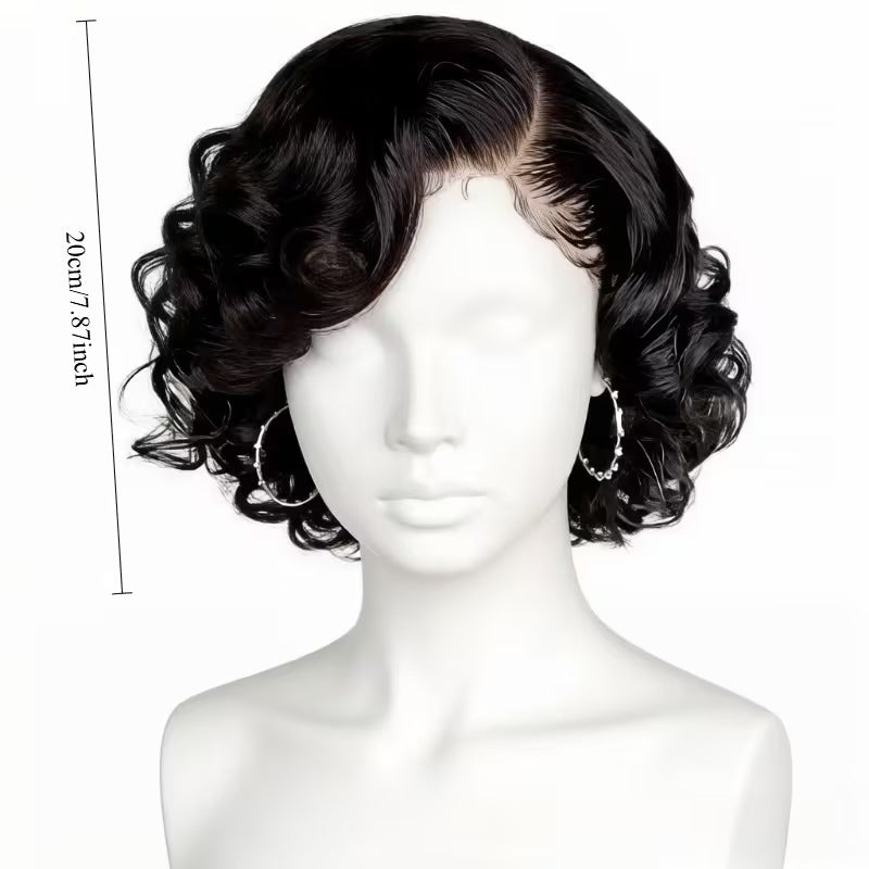 Black Side Points Artificial Free Labeling Wig Short Curly Hair